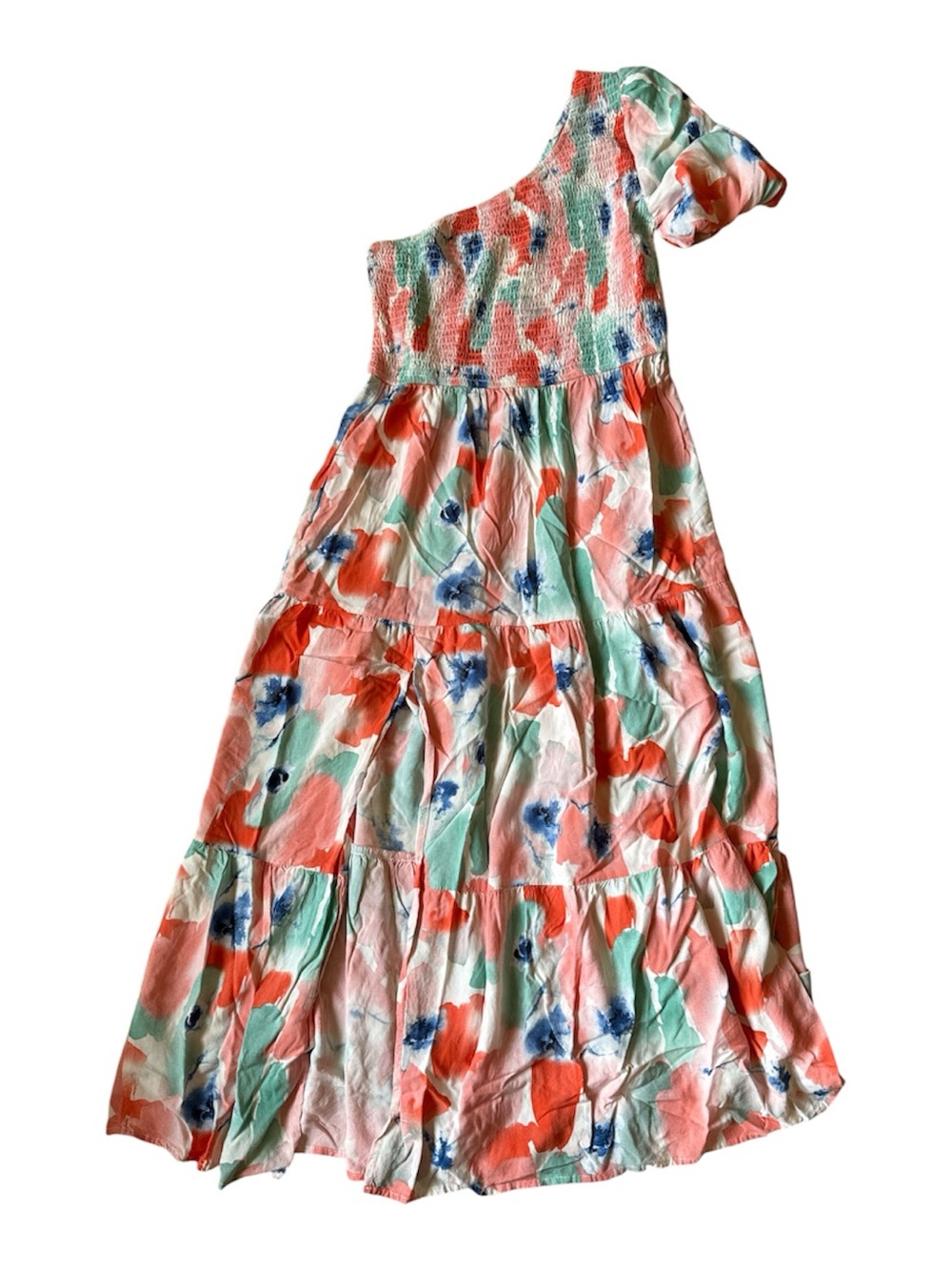 Asymmetric One-Shoulder Coral & Aqua Floral Casual Dress
